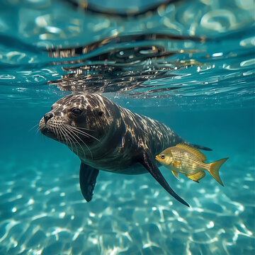 Wild seal swimming underwater with a fish. Marine mammal exploring the ocean depths.
