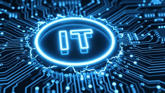 IT neon sign glowing on blue circuit pattern.