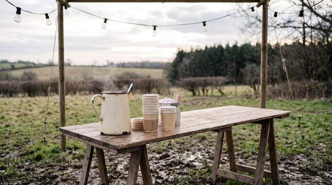 A steaming enamel jug of hot chocolate and paper cups on a rustic trestle table in a countryside field at dusk.