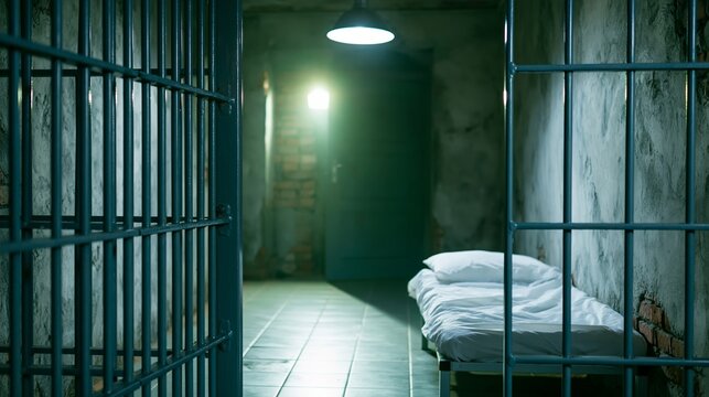 Dark prison cell with metal bars. An empty bed sits under a moody green light, creating a tense atmosphere of confinement