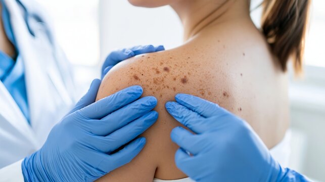 Doctor examining woman's skin, checking moles and freckles on shoulder during dermatology consultation