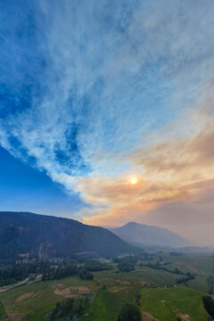 Smoky Sunset Over Mountains and Valley With Forest Fire Smoke in Merritt, British Columbia, Canada