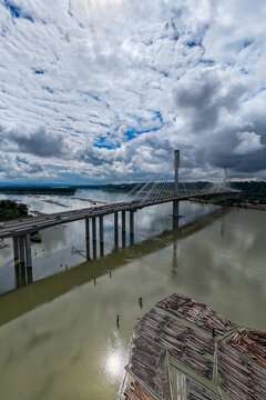 Cable-Stayed Bridge Over Fraser River With Log Booms Near Coquitlam, Vancouver, British Columbia, Canada