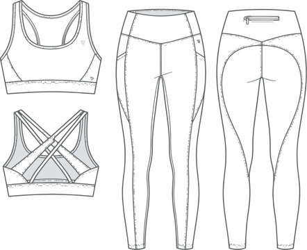 Yoga Leggings and Sports Bra Flat Sketch for Activewear Design