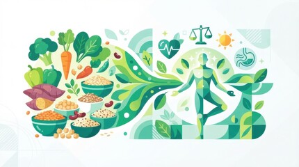 Naklejka premium Visual shows a person meditating surrounded by various healthy foods like vegetables, legumes, and grains that support better eating habits.