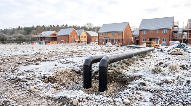 Large insulated district heating pipes emerging from the ground at a new residential housing construction site on a frosty morning.