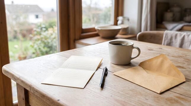 A paper form and a black pen on a rustic wooden table next to a cup of coffee and an open envelope in morning light.