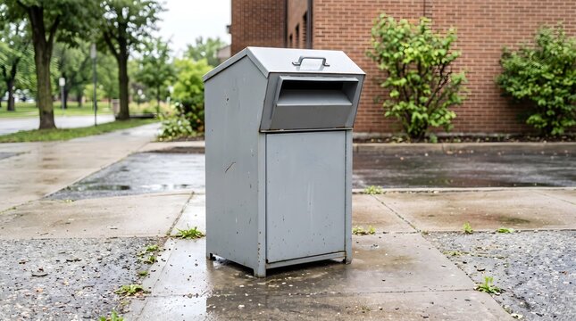 A weathered gray metal collection box stands on a wet sidewalk next to a brick building.