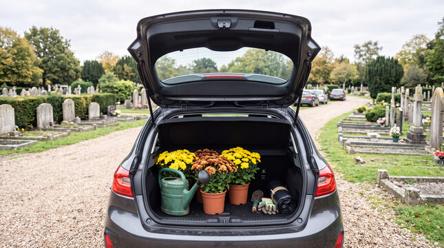 An open car boot loaded with chrysanthemum pots, a watering can and gloves at a cemetery car park