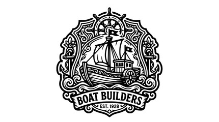 Nautical Boat Builders emblem with sailing vessel illustration. © budionohadi
