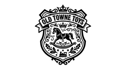 Fototapeta premium Vintage toy shop crest with rocking horse and train.
