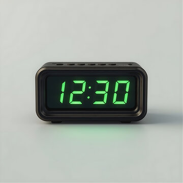 Digital alarm clock with green LED display. Modern electronic timepiece isolated on white.