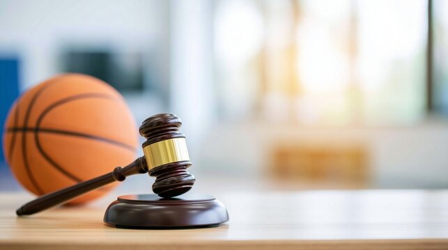 Gavel and basketball representing sports law, justice, and legal issues in athletic competition