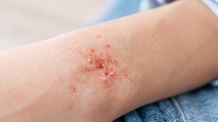 Fototapeta premium Infected human skin showing pus filled blisters, inflamed red patches, and irritation