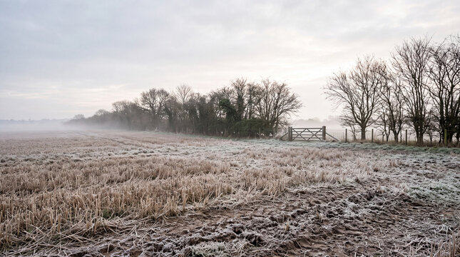 Mist lying over a frosted stubble field at first light, with a line of bare hedgerow trees and a single wooden farm gate