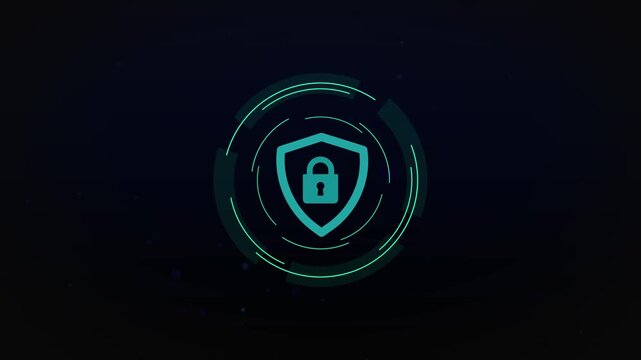 Cyan digital security shield icon motion graphic a bright with a padlock symbol inside, revolving within glowing circular data rings padlock cyber protection data privacy