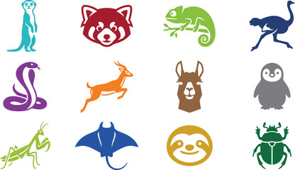 Wild animals set vector icons with meerkat red panda chameleon ostrich sloth and stingray illustrations © Monjurul