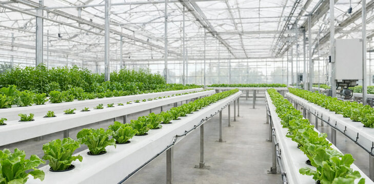Fresh green lettuce growing in rows inside professional hydroponic greenhouse with hydroponic greenhouse agriculture vegetables cultivation sustainable production vertical industry
