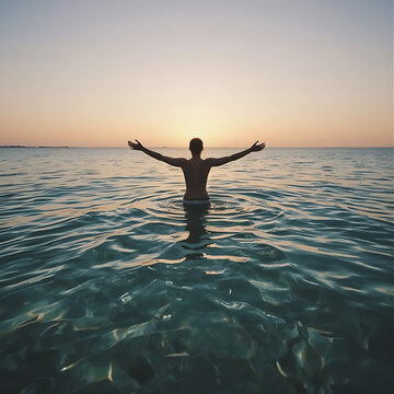 Person standing in ocean with arms open. Silhouette of woman enjoying sunset at sea.