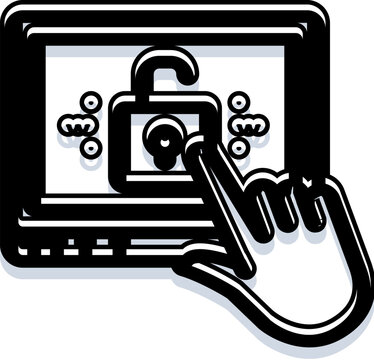 Hand pointing at a touchscreen showing an open padlock icon, representing unauthorized access, digital security breach, vulnerability, and online datainformation risk