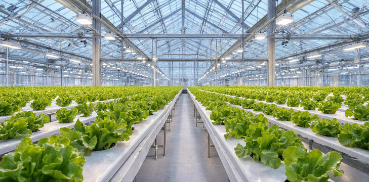 Rows of fresh green lettuce heads growing inside a high-tech industrial greenhouse with greenhouse hydroponics agriculture vegetables horticulture sustainable industrial technology