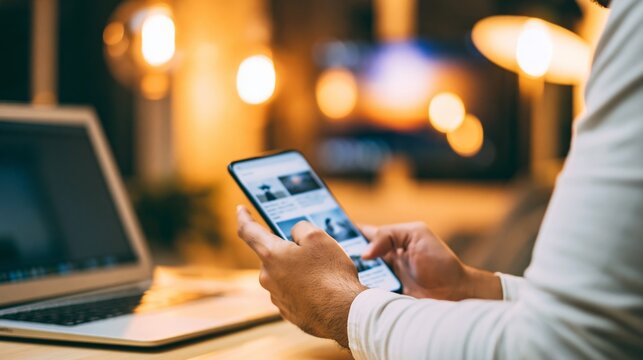Person browsing news articles on smartphone, digital information consumption at home with warm lighting