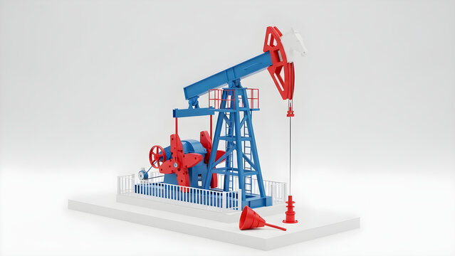 3D Render of a Blue and Red Oil Pump Jack Symbolizing Energy Extraction and Industrial Resource Production on a Clean White Studio Background
