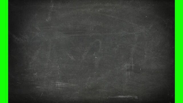 Chalkboard surface features dusty white residue and faint erased marks framed by a bright green border.