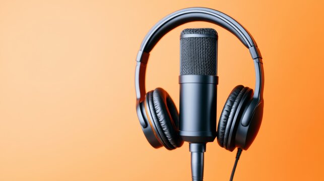 Professional podcast microphone with headphones, a modern audio recording setup on warm orange background