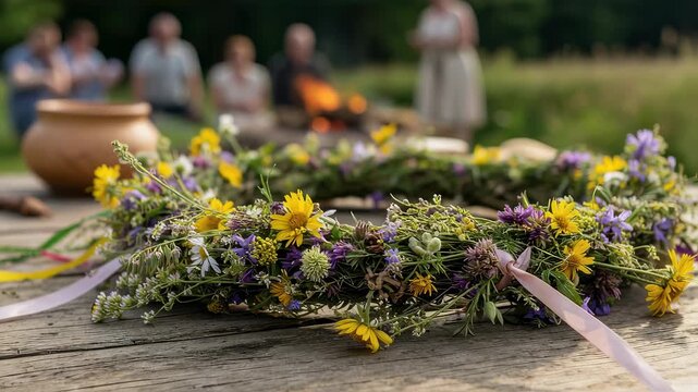 Wreath of meadow flower on wooden table during midsummer celebration. People gather around ritual bonfire for pagan holiday, Ivan Kupala summer solstice rite.