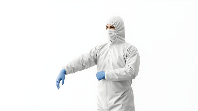 Medical Professional Wearing Protective Hazmat Suit and Blue Gloves for Biohazard Safety and Infection Control in Sterile Environments