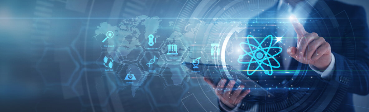 Laboratory scientist pointing biotechnology research model. Researcher using tab analyzing genetic sequence pattern and cellular reaction growth on hologram screen. Advanced science and biotechnology.