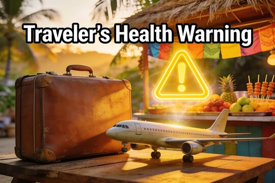 Vintage suitcase and airplane model near tropical food stall with glowing warning symbol illustrating travel health caution