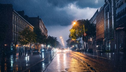 Naklejka premium a city street drenched in a stormy night