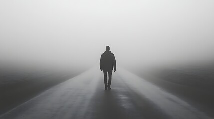 Obraz premium Lone man walking away on a wet road into thick heavy fog or mist