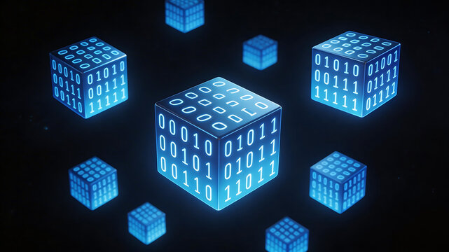 Blue glowing binary code cubes