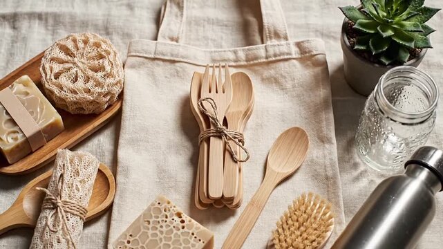 A collection of eco friendly items on a linen fabric surface