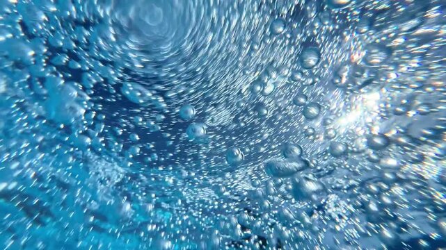 Dynamic underwater POV shot showing rising air bubbles, swirling water motion, and bright sunlight reflections in a swimming pool.