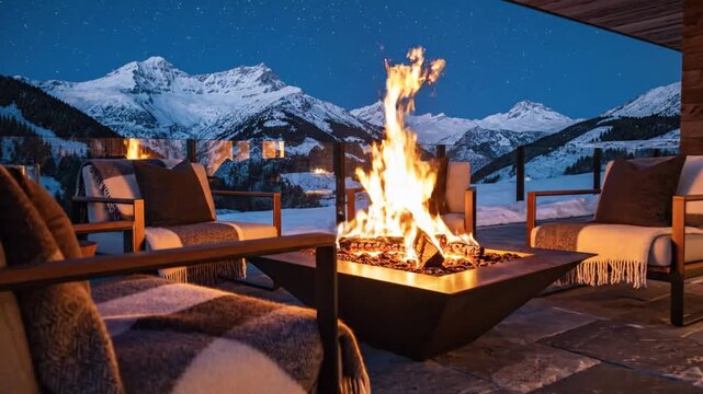 A cozy fire pit glows on a snowy mountain terrace patio