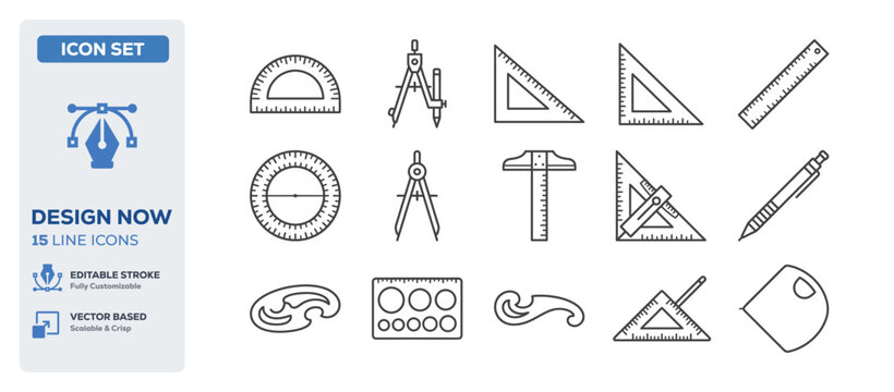 flat vector illustration line art icon bundle set design representing school geometry protractors scaling engineering math measures architecture drafting tools graphics UI
