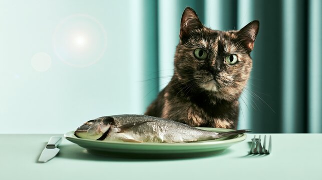 Tortoiseshell cat perches behind a whole fish on a green plate, eyeing the meal hungrily