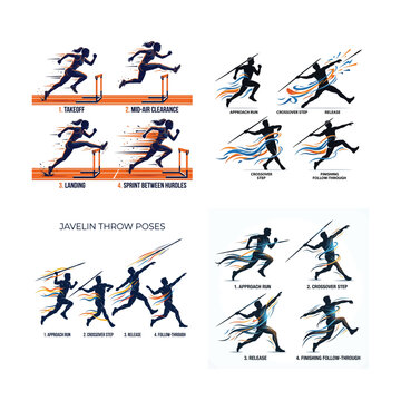 Athletic track and field techniques illustration vector , And, international sports event, multi sport competition, athletics championship, sports tournament, Commonwealth Games