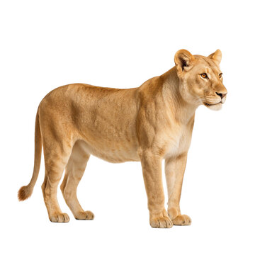 Standing adult lioness profile with wildlife, predator, standing as clean cutout