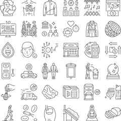Fototapeta premium Set of minimalist flat icons depicting various themes from technology and business to health and lifestyle, offering a wide range of recognizable symbols for design