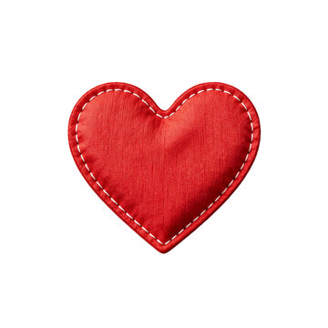 Red fabric heart with stitched detail on transparent background