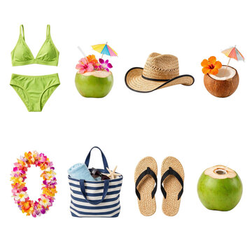 Summer vacation and tropical beach travel accessories collection as isolated element