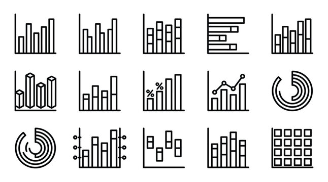 Collection of fifteen outline style data analysis icons featuring bar charts linear graphs circular diagrams and grid tables for business reporting business