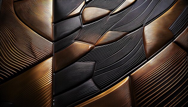 a detailed view of a hammered black and brass metal texture tile with a dimpled surface the dark metallic material features a matte finish and subtle golden highlights on the strip