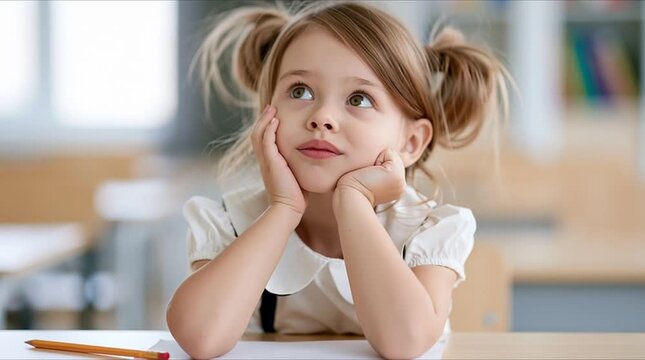 a little schoolgirl sitting at a desk at school