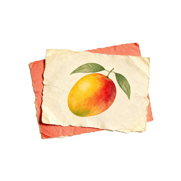 Watercolor painting of fresh mango on handmade paper as transparent PNG